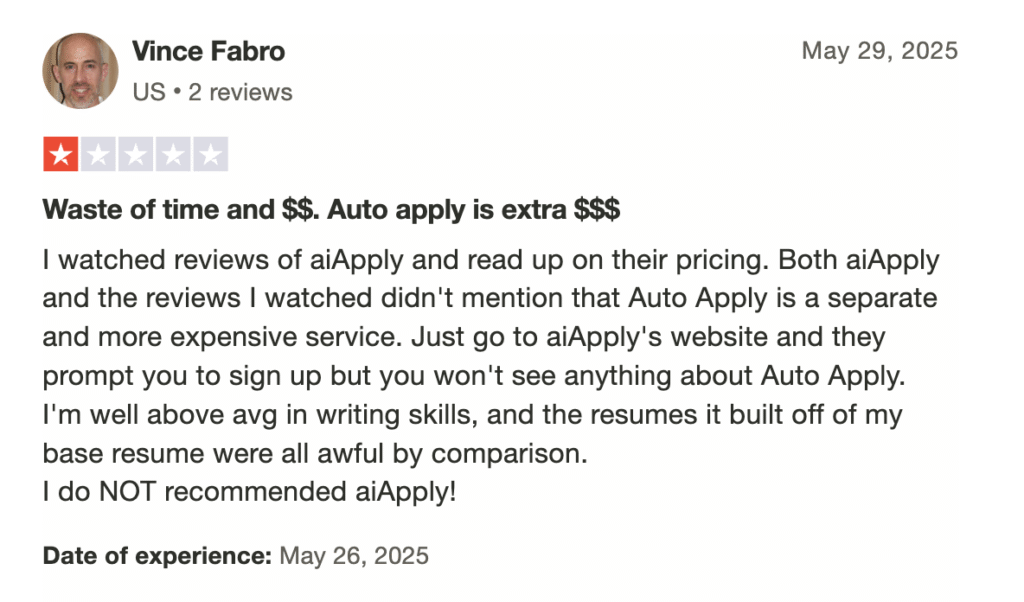 1-star review expressing frustration over undisclosed Auto Apply costs and poor resume quality compared to the user’s original writing.