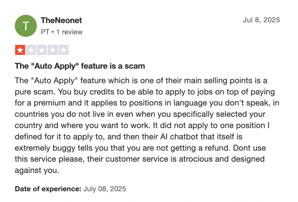 1-star review highlighting problems with AI Apply’s Auto Apply feature, including mismatched job targeting, lack of refunds, and poor customer support.