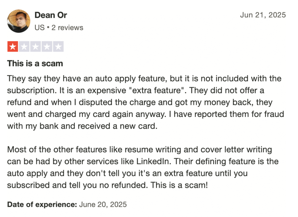 1-star review describing surprise charges for AI Apply’s Auto Apply feature, lack of refund support, and unexpected repeat billing.