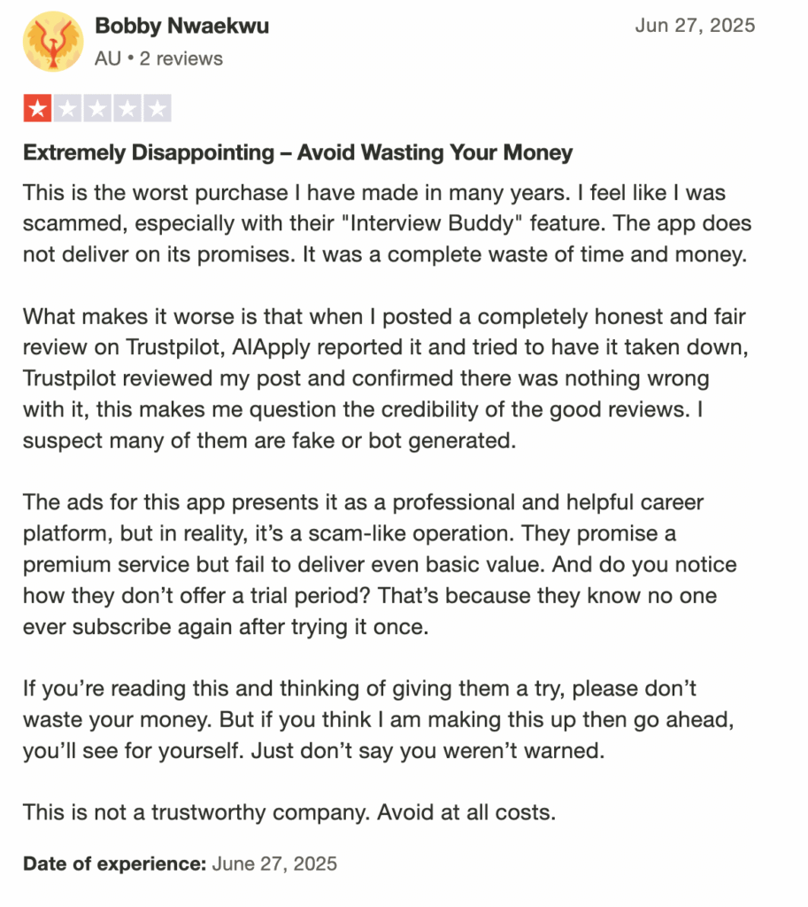 1-star review claiming AI Apply's Interview Buddy was ineffective, with concerns about fake reviews and lack of refund or trial options.