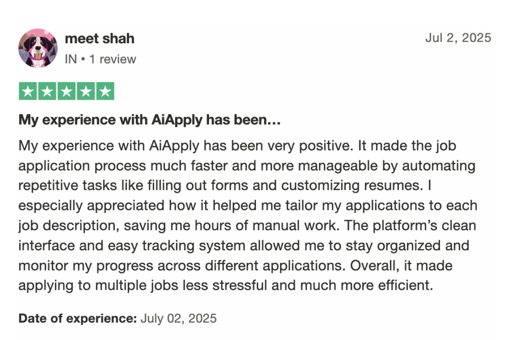 TrustPilot review highlighting how AI Apply automated repetitive tasks and improved efficiency.