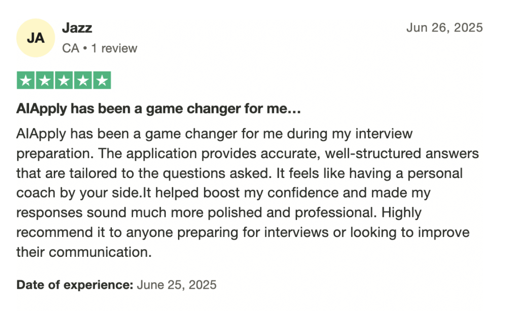 TrustPilot review focusing on AI Apply’s helpful interview preparation tool and confidence boost.
