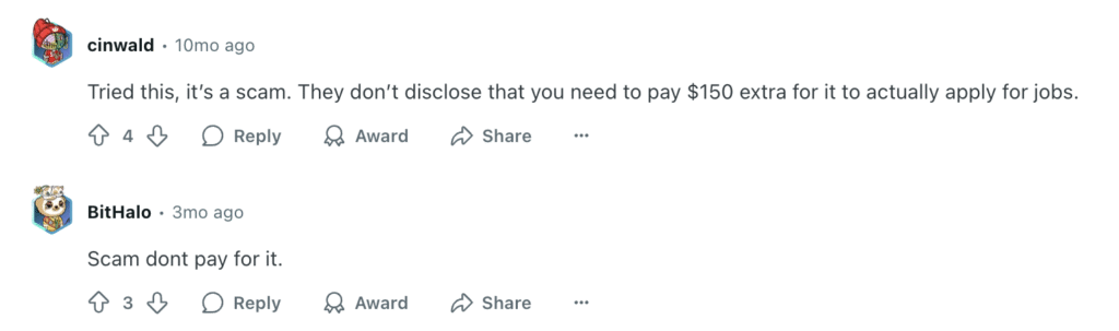 Screenshot of Reddit comments claiming AI Apply doesn’t disclose the extra cost required to use the Auto Apply feature.
