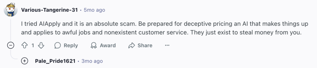 Reddit comment criticizing AI Apply for deceptive pricing, poor job matches, and lack of customer support.