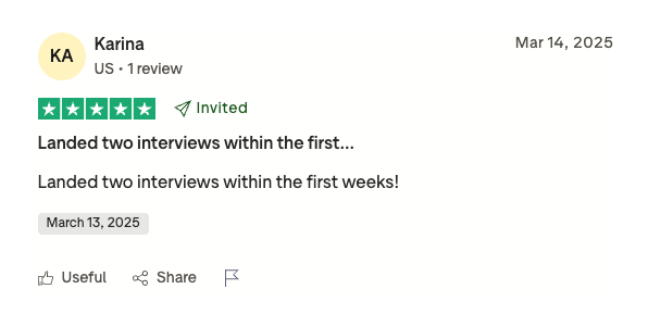 Screenshot of a TrustPilot review for Massive where a user reports landing two interviews within the first weeks.