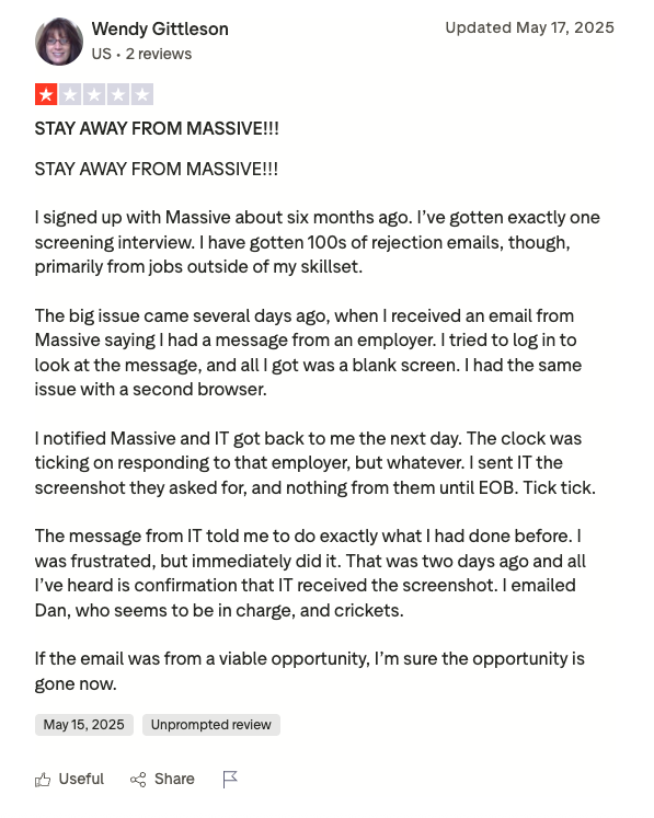 Screenshot of a TrustPilot review for Massive where a user warns others to stay away, citing irrelevant job matches, technical problems blocking employer messages, and lack of support response.