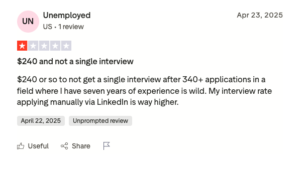 Screenshot of a TrustPilot review for Massive where a user reports spending $240 for 340+ applications but did not receive a single interview, comparing it unfavorably to applying manually on LinkedIn.