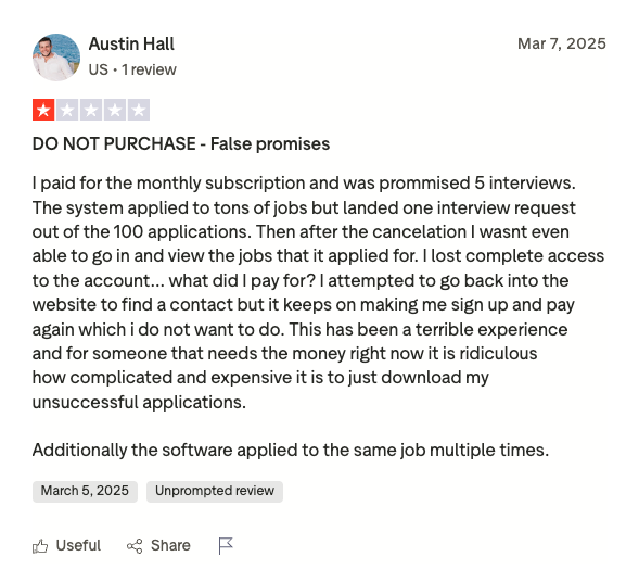 Screenshot of a TrustPilot review for Massive where a user says they were promised five interviews but only got one, lost account access after canceling, and experienced duplicate job applications.