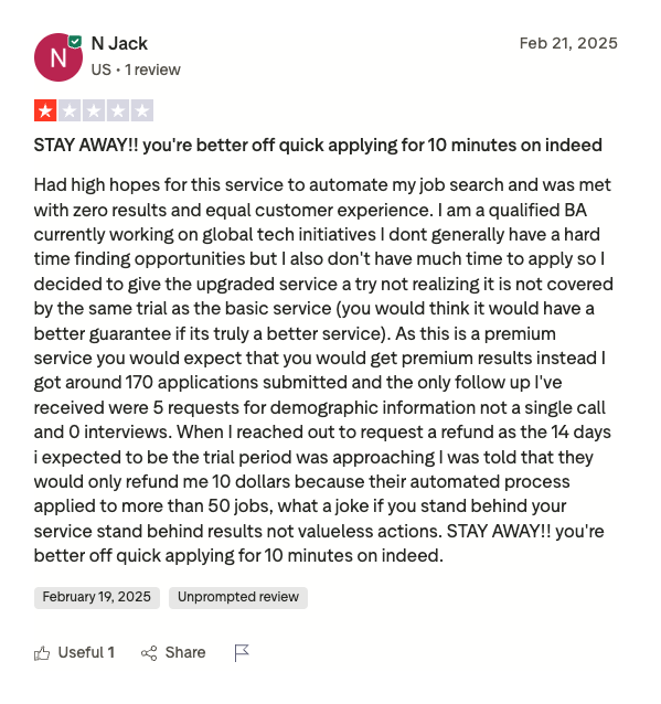 Screenshot of a TrustPilot review for Massive where a user reports submitting 170 applications with no interviews, poor refund terms, and advises others to use Indeed instead.