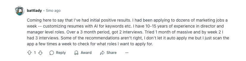 Screenshot of a Reddit post where a user reports getting 3 interviews within two weeks using Massive, though they mention inaccurate job recommendations and prefer manual use over auto-apply.