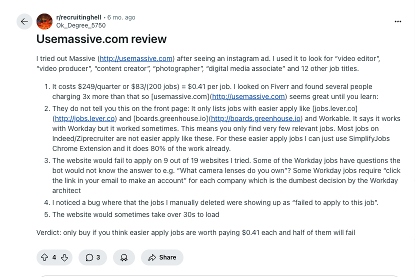 Screenshot of a Reddit post reviewing Massive, where a user criticizes the $249/quarter pricing, limited job compatibility, frequent application failures, bugs, and slow website performance.