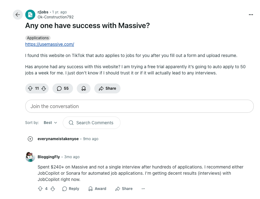 Screenshot of a Reddit thread where a user asks about Massive, and another commenter says they spent $240 with no interviews and recommends JobCopilot or Sonara instead, highlighting better results with JobCopilot.
