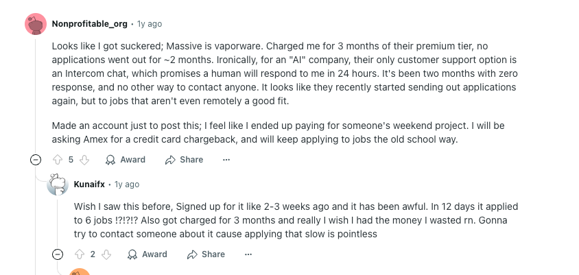 Screenshot of a Reddit post criticizing Massive for charging three months with no applications and zero support response, with another user adding they only saw six applications in two weeks despite being billed for months.