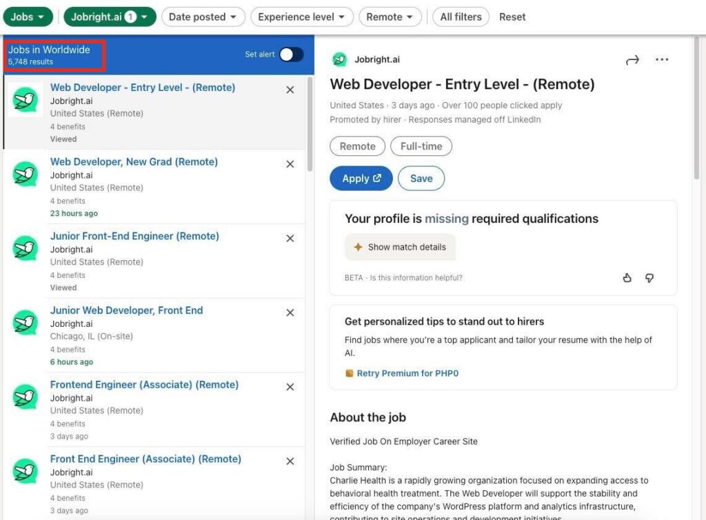Ein Screenshot zeigt Jobright.ai-Angebote auf LinkedIn Jobs, wo Arbeitgeber Jobs neu posten und die Nutzer auf die Jobright-Plattform umleiten.