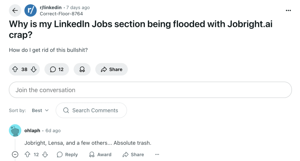 Reddit-Beitrag, in dem kritisiert wird, dass Jobright.ai den LinkedIn-Stellenmarkt mit minderwertigen Angeboten überschwemmt.