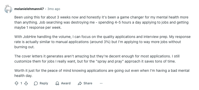 JobHire.AI Reddit review from melanielehmann47 about mental health benefits and time savings after 3 weeks of using the platform