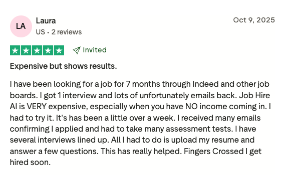 JobHire.AI Trustpilot review from Laura showing 5-star rating stating expensive but shows results with multiple interviews