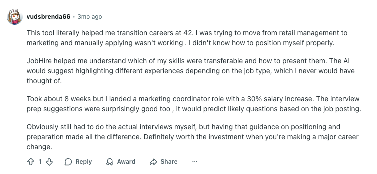 JobHire.AI Reddit review from vudsbrenda66 about successful career transition from retail to marketing at 42 with 30% salary increase