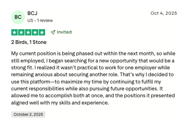 JobHire.AI Trustpilot review from BCJ showing 5-star rating about searching for jobs while still employed and maximizing time