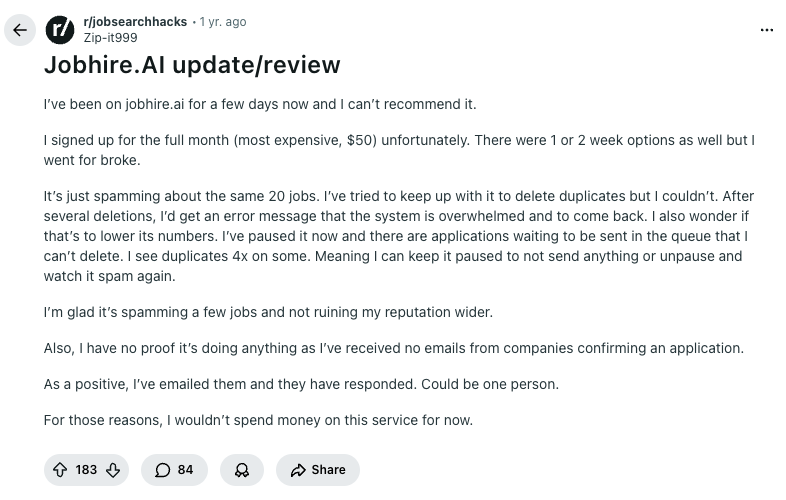 JobHire.AI negative Reddit review from rjobsearchhacks about platform spamming same 20 jobs with duplicates and no confirmation emailsRetry