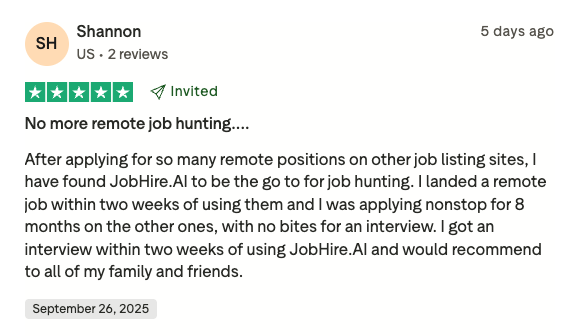 JobHire.AI Trustpilot review from Shannon showing 5-star rating about landing remote job within two weeks after 8 months of manual applications.