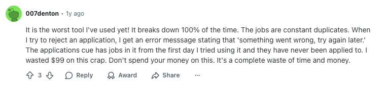 JobHire.AI negative Reddit review from 007denton about platform constantly breaking down with duplicates and wasted money