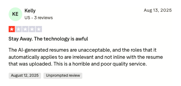 JobHire.AI Trustpilot negative review from Kelly showing 1-star rating criticizing AI-generated resumes and irrelevant job applications