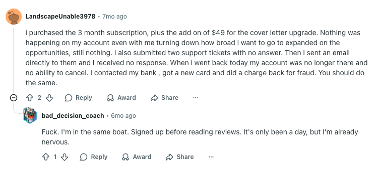 JobHire.AI negative Reddit review from LandscapeUnable3978 about account disappearing and having to do bank chargeback.