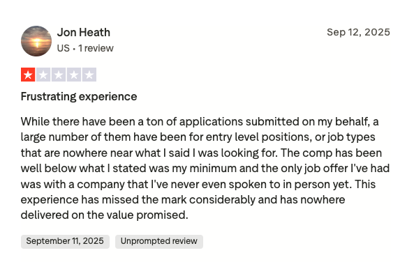 JobHire.AI Trustpilot negative review from Jon Heath showing 1-star rating about frustrating experience with entry-level and irrelevant job applications