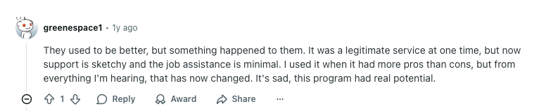 JobHire.AI negative Reddit review from greenespace1 about service declining with sketchy support and minimal job assistance