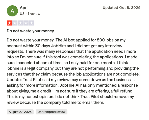 JobHire.AI Trustpilot negative review from April showing 1-star rating about 800 applications in 30 days with no interview requests and incomplete applications