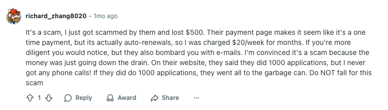 JobHire.AI negative Reddit review from richard_zhang8020 about losing $500 to hidden auto-renewals and getting no phone calls despite 1000 claimed applications