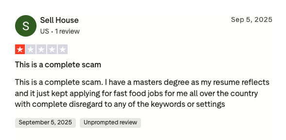 JobHire.AI Trustpilot negative review from Sell House showing 1-star rating calling it a scam for applying to fast food jobs despite masters degree