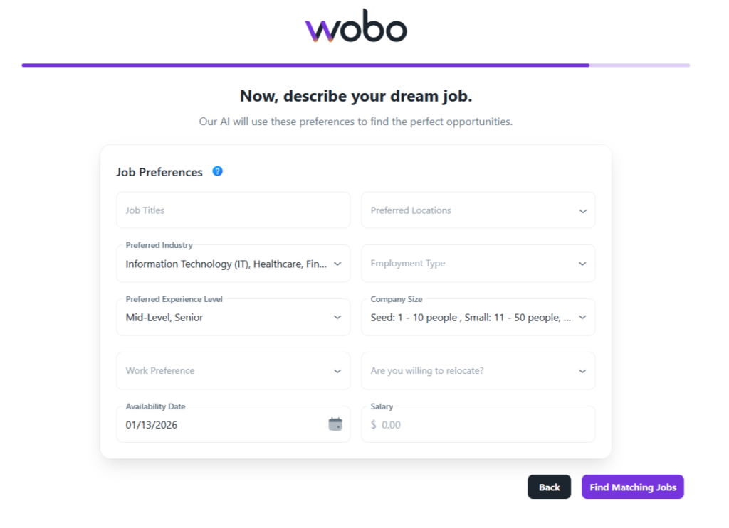 Wobo-vacaturevoorkeurformulier waarop gebruikers functietitels, locaties, bedrijfstakken, ervaringsniveau, bedrijfsgrootte, beschikbaarheidsdatum en salaris selecteren.