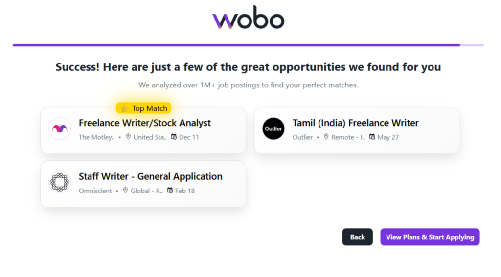 Het resultatenscherm van Wobo toont een lijst met gematchte vacatures, inclusief functies als freelance schrijver en analist, waarbij er één is gemarkeerd als een topmatch.