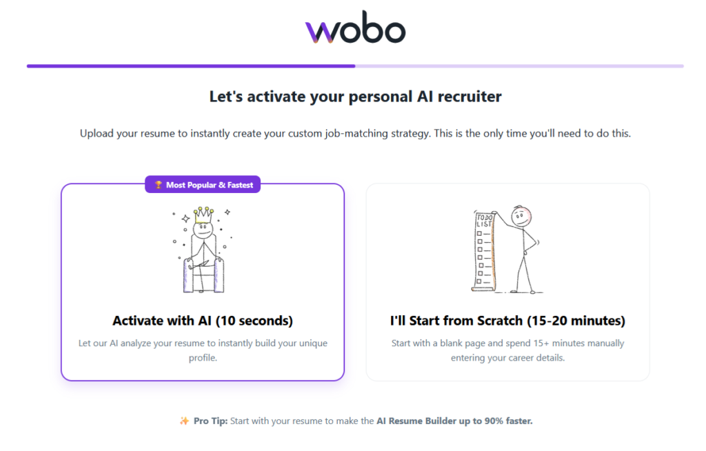 Het uploadscherm voor cv's biedt twee opties: binnen enkele seconden een profiel activeren met AI of handmatig een cv vanaf nul opbouwen.