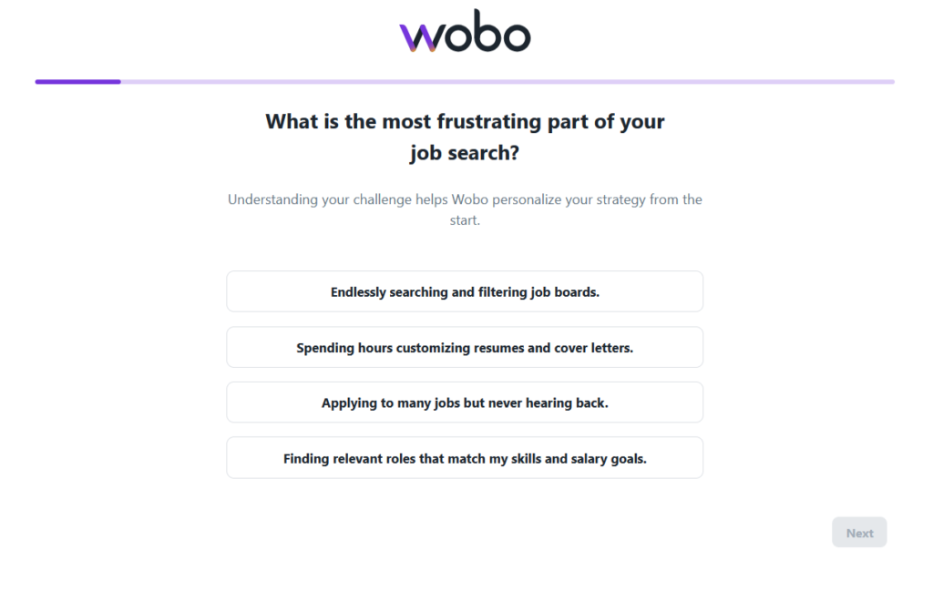 Wobo onboarding scherm dat gebruikers vraagt naar het meest frustrerende deel van hun zoektocht naar een baan, met meerdere selecteerbare opties.