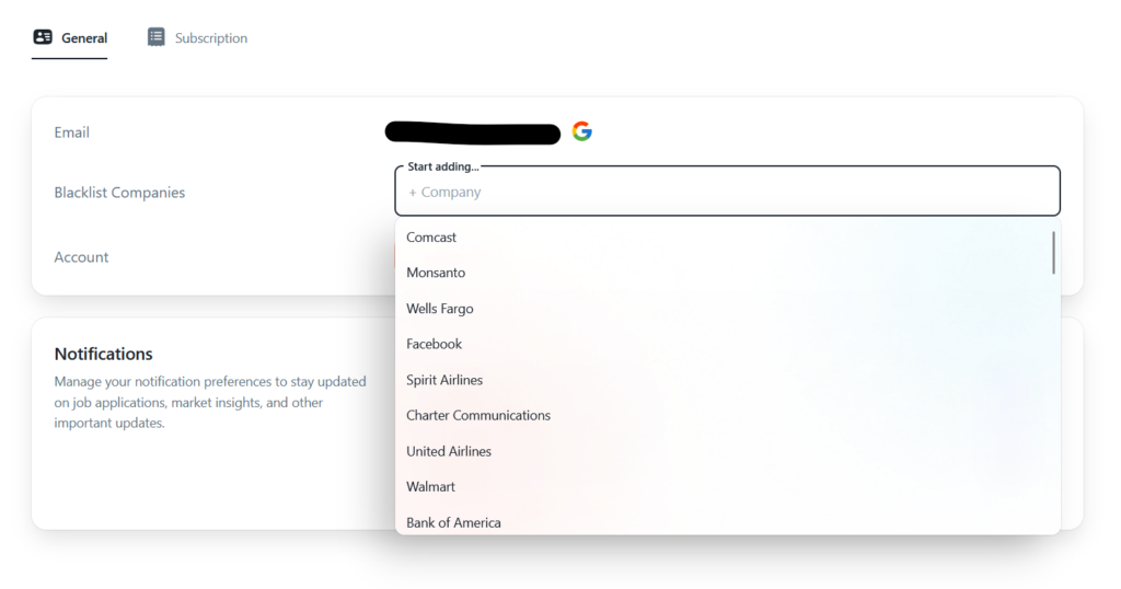 Scherm met accountinstellingen met de optie om specifieke bedrijven op een zwarte lijst te zetten voor sollicitaties, met een vervolgkeuzelijst met bedrijfsnamen.
