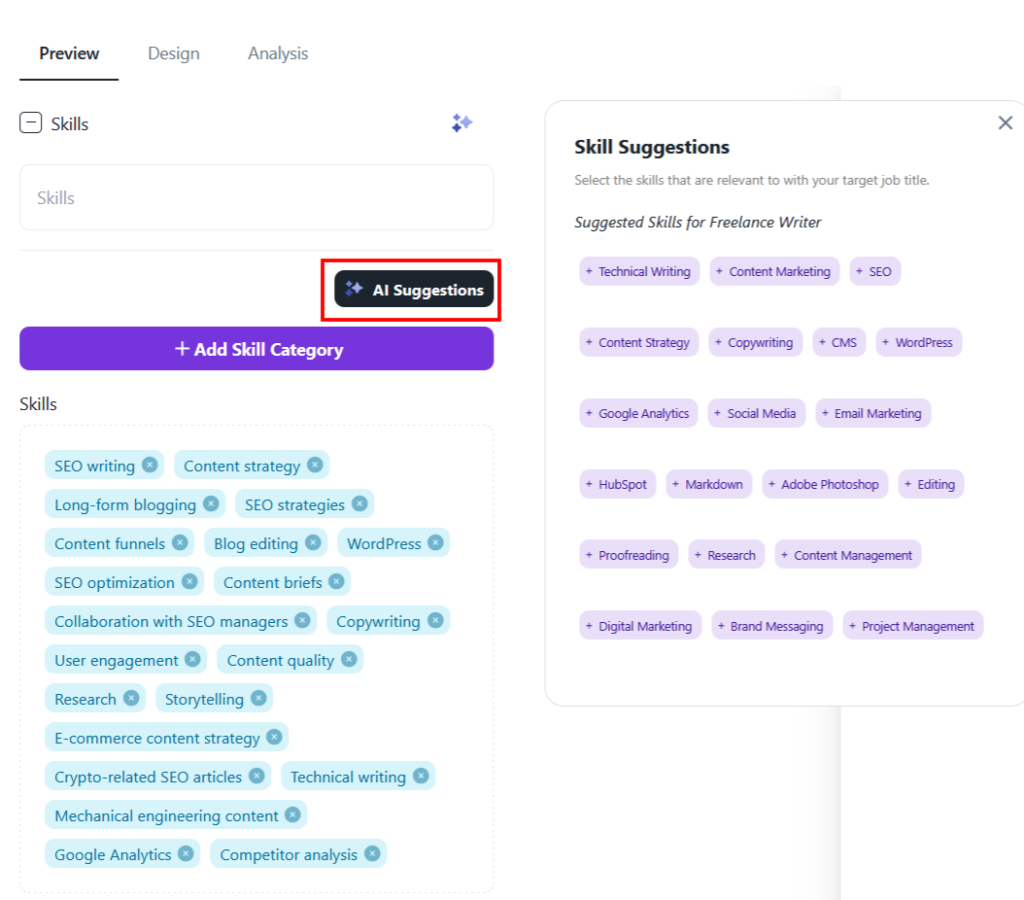Vaardighedeneditor die AI-gegenereerde vaardigheidssuggesties toont voor een freelance schrijver, naast geselecteerde vaardigheden zoals SEO schrijven en contentstrategie.