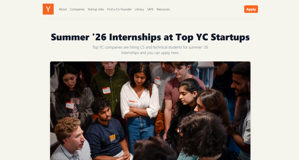 Page des stages d'été de YCombinator
