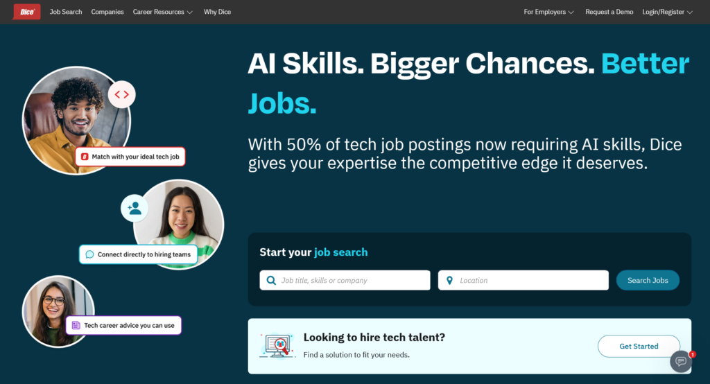 La page d'accueil du site d'emploi de Dice se concentre sur les emplois dans la technologie et les compétences en matière d'IA.