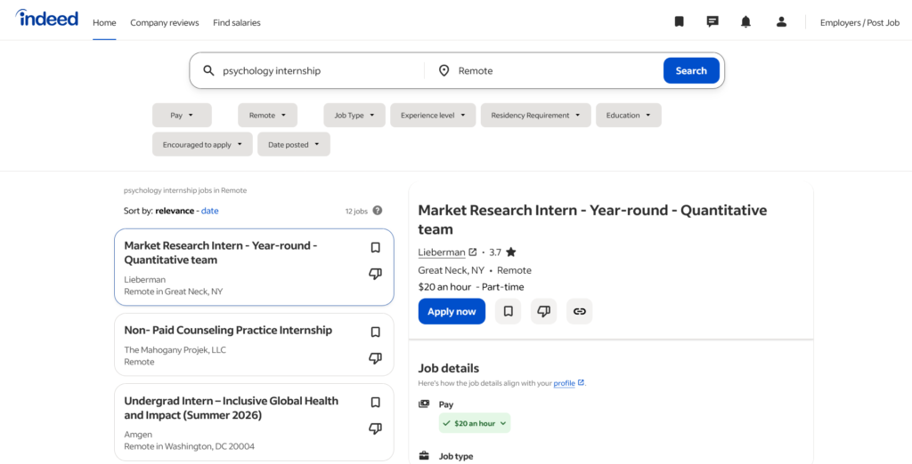 Page de résultats de la recherche d'emploi sur Indeed affichant des listes de stages et d'emplois de débutant