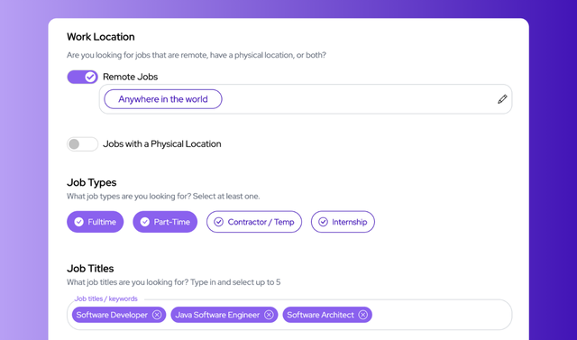 JobCopilot écran de configuration de la recherche d'emploi avec filtres pour la localisation, le type d'emploi et les titres