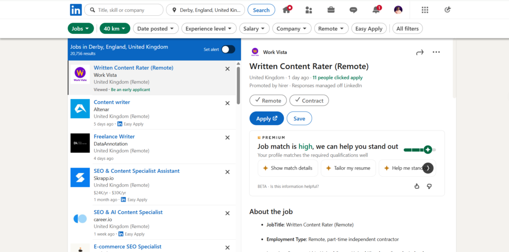 Tableau de bord LinkedIn Jobs affichant les offres d'emploi à distance et le panneau de candidature
