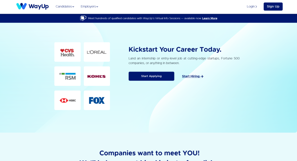 Page d'accueil du site d'emploi WayUp promouvant les stages et les opportunités de carrière au niveau débutant