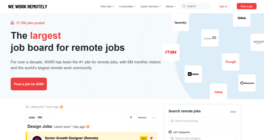 Le site d'emploi We Work Remotely propose des offres d'emploi à distance dans tous les secteurs d'activité.