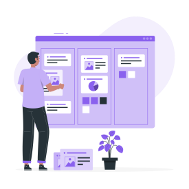 Cartoon figure viewing a dashboard with various information panels