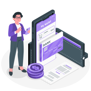 Illustration of person with smartphone near oversized wallet and credit card