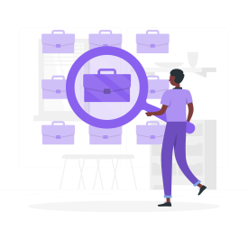 Cartoon figure examining a large briefcase icon