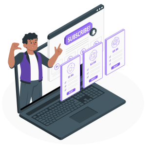 Cartoon figure selecting subscription options on laptop screen